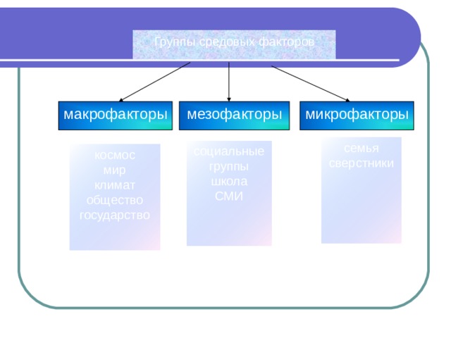 Группы средовых факторов макрофакторы мезофакторы микрофакторы семья сверстники социальные группы школа СМИ космос мир климат общество государство 