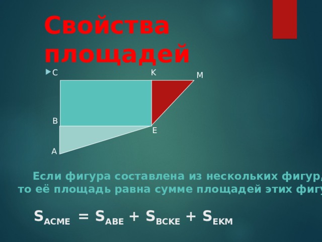 Свойства площадей С K М В Е А Если фигура составлена из нескольких фигур, то её площадь равна сумме площадей этих фигур . S ACME = S ABE + S BCKE + S EKM 