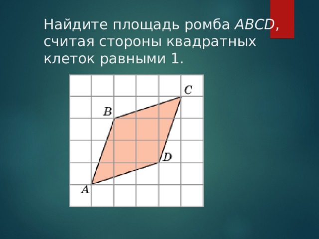 Найдите площадь ромба ABCD , считая стороны квадратных клеток равными 1. 