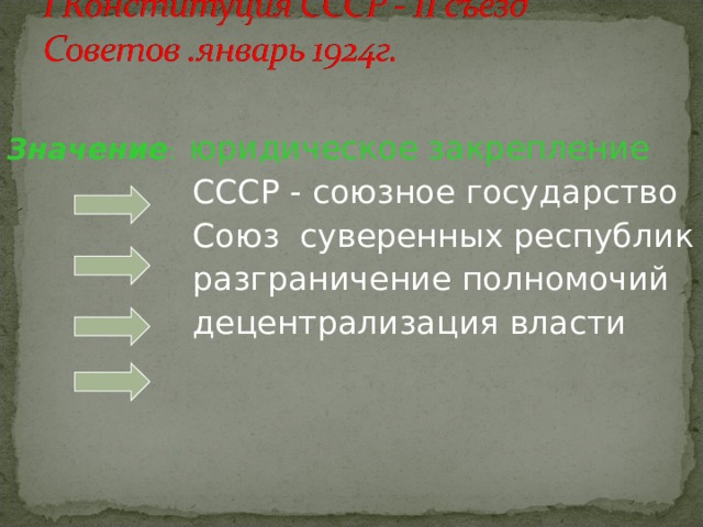 Значение :  юридическое закрепление  СССР - союзное государство  Союз суверенных республик  разграничение полномочий  децентрализация власти 