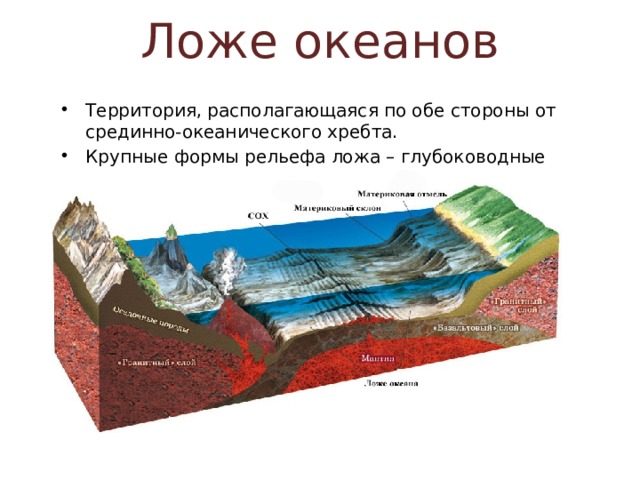 Ложе океанов Территория, располагающаяся по обе стороны от срединно-океанического хребта. Крупные формы рельефа ложа – глубоководные равнины. 