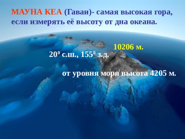 МАУНА КЕА (Гаваи)- самая высокая гора, если измерять её высоту от дна океана. 10206 м. 20 0 с.ш., 155 0 з.д. от уровня моря высота 4205 м. 