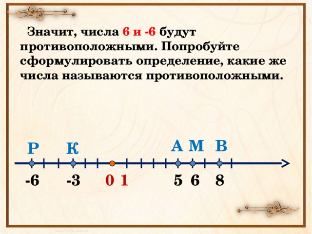 Чему равно расстояние(в единичных отрезках) от точки О до К? Чему равно расстояние(в единичных отрезках) от точки О до Р? Чему равно расстояние(в единичных отрезках) от точки О до М? Какие точки одинаково удалены от начала отсчёта? А В М Р К 6 -6 -3 1 5 8 0 