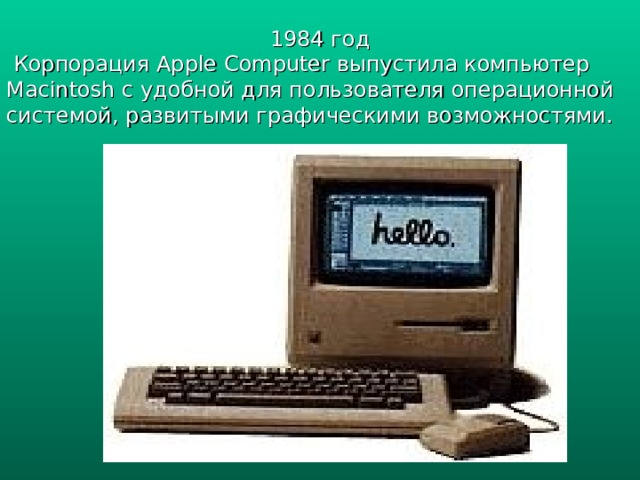 1984 год  Корпорация Apple Computer выпустила компьютер Macintosh c удобной для пользователя операционной системой, развитыми графическими возможностями. 