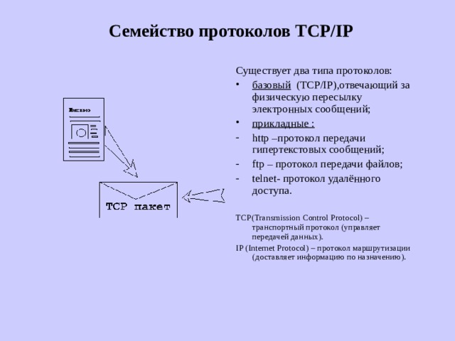 Семейство протоколов TCP/IP   Существует два типа протоколов: базовый ( TCP/IP ) , отвечающий за физическую пересылку электронных сообщений; прикладные : http – протокол передачи гипертекстовых сообщений; ftp – протокол передачи файлов; telnet- протокол удалённого доступа.  TCP(Transmission Control Protocol) – транспортный протокол (управляет передачей данных). IP (Internet Protocol) – протокол маршрутизации (доставляет информацию по назначению). 