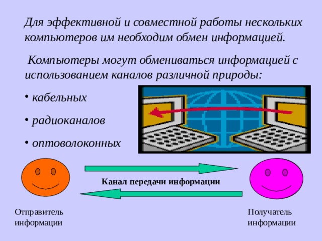 Для эффективной и совместной работы нескольких компьютеров им необходим обмен информацией.  Компьютеры могут обмениваться информацией с использованием каналов различной природы:  кабельных  радиоканалов  оптоволоконных Канал передачи информации Получатель информации Отправитель информации 