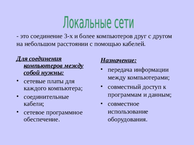 - это соединение 3-х и более компьютеров друг с другом на небольшом расстоянии с помощью кабелей. Для соединения компьютеров между собой нужны: сетевые платы для каждого компьютера; соединительные кабели; сетевое программное обеспечение.  Назначение: передача информации между компьютерами; совместный доступ к программам и данным; совместное использование оборудования. 