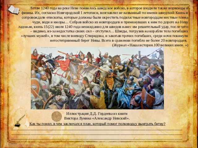 Летом 1240 года на реке Неве появилось шведское войско, в которое входили также норвежцы и финны. Их, согласно Новгородской I летописи, возглавлял не названный по имени шведский Князь и сопровождали епископы, которые должны были окрестить подвластные новгородцам местные плена чуди, води и ижоры… Собрав войско из новгородцев и примкнувших к ним по дороге на Неву ладожан, князь 15(22) июля 1240 года неожиданно для шведов нанес им решительный удар, после чего – видимо, из-за недостатка своих сил – отступил… Шведы, погрузив на корабли тела погибших «лучших мужей», в том числе воеводу Спиридона, и закопав прочих погибших, среди ночи покинули негостеприимный берег Невы. Всего в сражении погибло не более 20 новгородцев. (Журнал «Наша история.100 великих имен. ») Иллюстрация Д.Д. Гордеева из книги Виктора Лунина «Александр Невский». Как ты понял, в чем заключался план, который помог полководцу выиграть битву? ___________________________________________________________________________________________________________________________________________________________________________________________________________________________________________________________________________ 