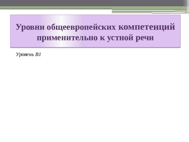 Уровни общеевропейских компетенций применительно к устной речи Уровень В1 Уровень А2 Уровень А1 
