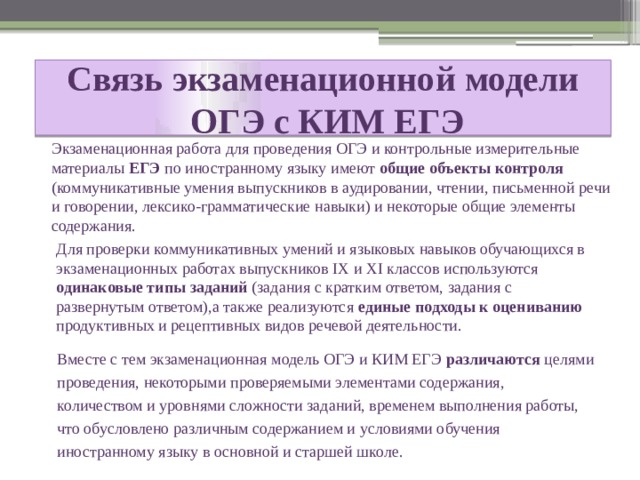 Связь экзаменационной модели  ОГЭ с КИМ ЕГЭ Экзаменационная работа для проведения ОГЭ и контрольные измерительные материалы ЕГЭ по иностранному языку имеют общие объекты контроля (коммуникативные умения выпускников в аудировании, чтении, письменной речи и говорении, лексико-грамматические навыки) и некоторые общие элементы содержания. Для проверки коммуникативных умений и языковых навыков обучающихся в экзаменационных работах выпускников IX и XI классов используются одинаковые типы заданий (задания с кратким ответом, задания с развернутым ответом),а также реализуются единые подходы к оцениванию продуктивных и рецептивных видов речевой деятельности.  Вместе с тем экзаменационная модель ОГЭ и КИМ ЕГЭ различаются целями проведения, некоторыми проверяемыми элементами содержания, количеством и уровнями сложности заданий, временем выполнения работы, что обусловлено различным содержанием и условиями обучения иностранному языку в основной и старшей школе. 