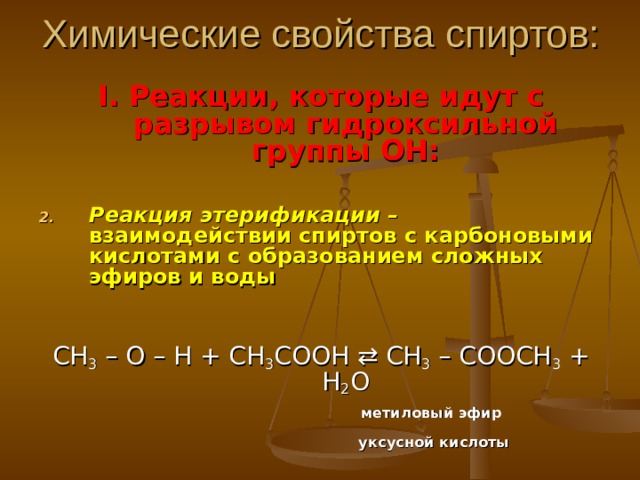 Химические свойства спиртов: I . Реакции, которые идут с разрывом гидроксильной группы ОН:  Реакция этерификации – взаимодействии спиртов с карбоновыми кислотами с образованием сложных эфиров и воды   СН 3 – О – Н + СН 3 СООН  СН 3 – СООСН 3 + Н 2 О  метиловый эфир      уксусной кислоты  