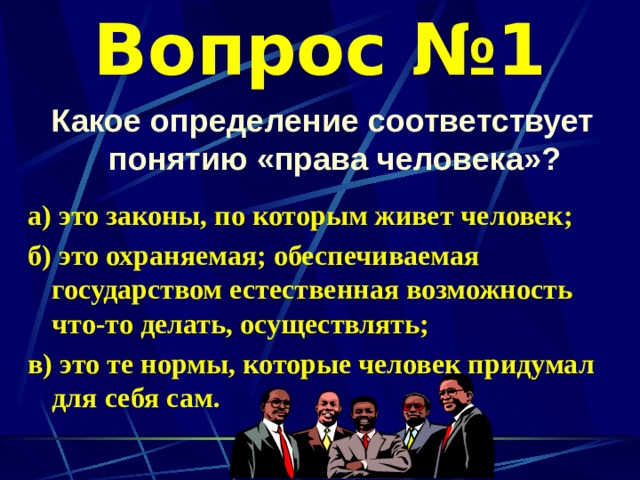 Вопрос №1 Какое определение соответствует понятию «права человека»?  а) это законы, по которым живет человек; б) это охраняемая; обеспечиваемая государством естественная возможность что-то делать, осуществлять; в) это те нормы, которые человек придумал для себя сам. 