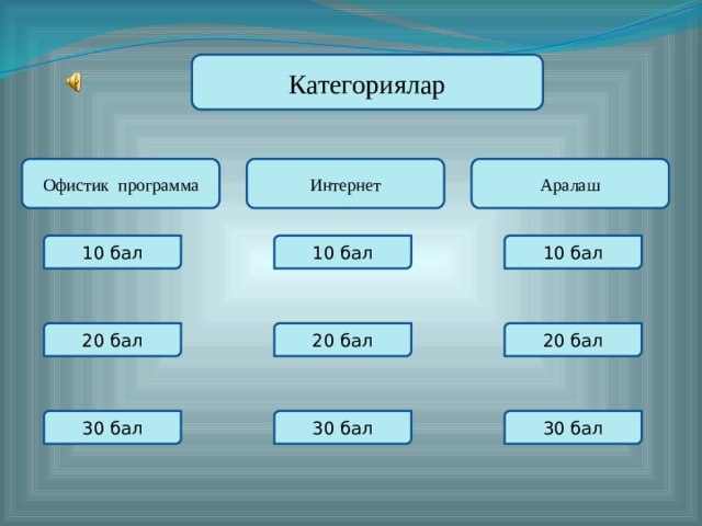 Категориялар Офистик программа Интернет Аралаш 10 бал 10 бал 10 бал 20 бал 20 бал 20 бал Түзгөн: Кайымов Шайырбек 30 бал 30 бал 30 бал  