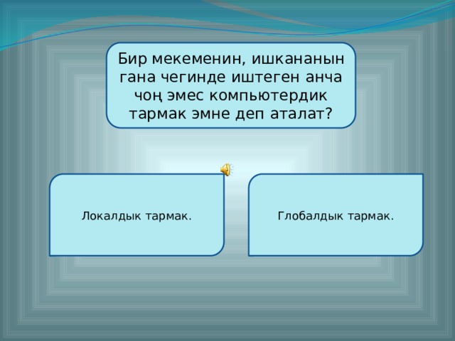 Бир мекеменин, ишкананын гана чегинде иштеген анча чоң эмес компьютердик тармак эмне деп аталат? Локалдык тармак. Глобалдык тармак. Түзгөн: Кайымов Шайырбек  