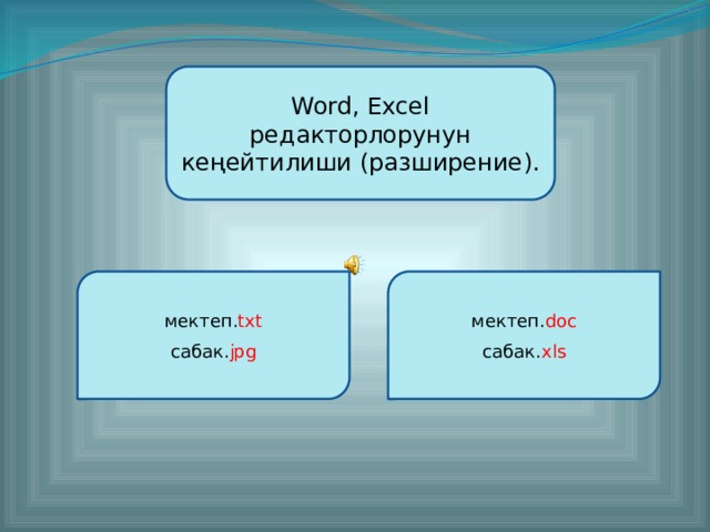 Word, Excel редакторлорунун кеңейтилиши (разширение ). мектеп. txt мектеп. doc сабак. jpg сабак. xls 