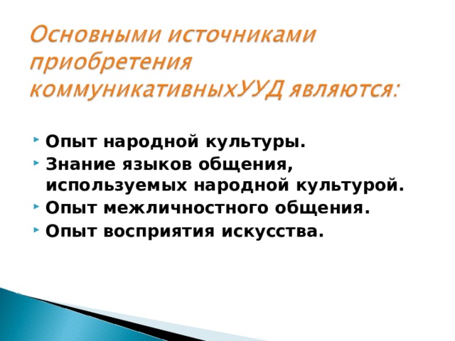 Опыт народной культуры. Знание языков общения, используемых народной культурой. Опыт межличностного общения. Опыт восприятия искусства.