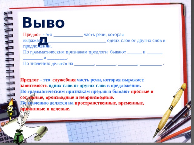 Вывод Предлог  - это ____________ часть речи, которая выражает__________________________ одних слов от других слов в предложении. По грамматическим признакам предлоги бывают ______ и ______, ________ и ________. По значению делятся на ________, ________, ________, _________ . Предлог – это служебная часть речи, которая выражает зависимость одних слов от других слов в предложении. По грамматическим признакам предлоги бывают простые и составные, производные и непроизводные. По значению делятся на пространственные, временные, причинные и целевые. . 