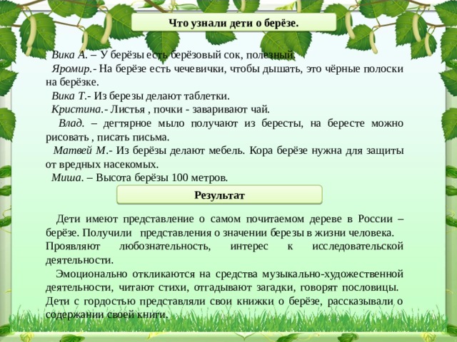 Что узнали дети о берёзе.  Вика А . – У берёзы есть берёзовый сок, полезный.  Яромир. - На берёзе есть чечевички, чтобы дышать, это чёрные полоски на берёзке.  Вика Т .- Из березы делают таблетки.  Кристина .- Листья , почки - заваривают чай.  Влад. – дегтярное мыло получают из бересты, на бересте можно рисовать , писать письма.  Матвей М .- Из берёзы делают мебель. Кора берёзе нужна для защиты от вредных насекомых.  Миша . – Высота берёзы 100 метров.  Дети имеют представление о самом почитаемом дереве в России – берёзе. Получили представления о значении березы в жизни человека. Проявляют любознательность, интерес к исследовательской деятельности.  Эмоционально откликаются на средства музыкально-художественной деятельности, читают стихи, отгадывают загадки, говорят пословицы. Дети с гордостью представляли свои книжки о берёзе, рассказывали о содержании своей книги. Результат 