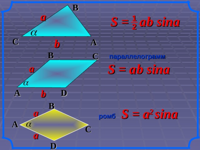  B a S =  a  b sina 1 2 C A b  B C параллелограмм S = a  b sina a A D b «Геометрия 7-9» Л.С. Атанасян и др.  B S = a 2   sina a ромб A C a D 15 
