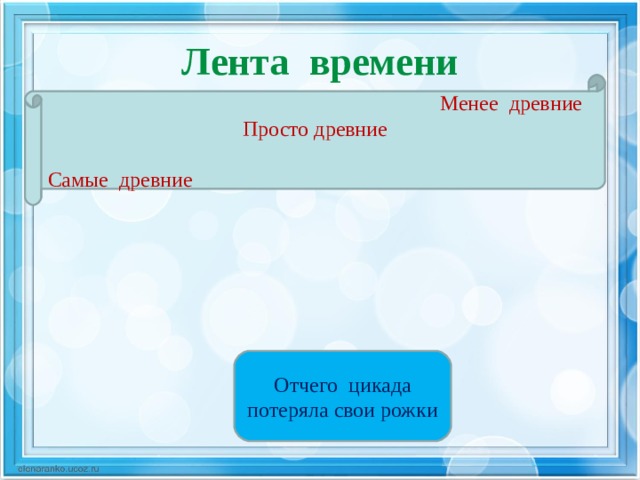 Лента времени Менее древние Просто древние Самые древние Отчего цикада потеряла свои рожки 