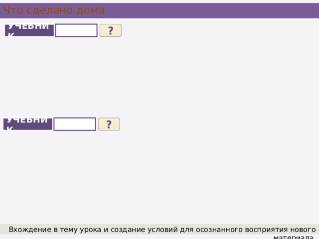 Что сделано дома УЧЕБНИК ? УЧЕБНИК ? Вхождение в тему урока и создание условий для осознанного восприятия нового материала.
