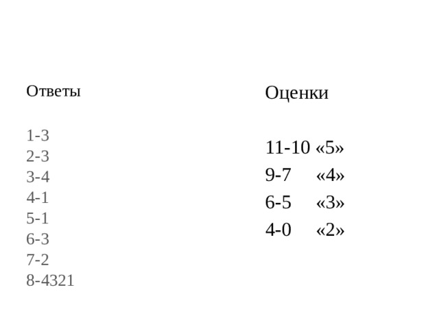 Ответы Оценки  1-3  2-3  3-4  4-1  5-1  6-3  7-2  8-4321 11-10 «5» 9-7 «4» 6-5 «3» 4-0 «2» 