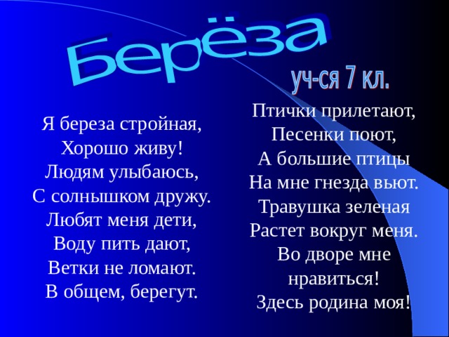 Птички прилетают, Песенки поют, А большие птицы На мне гнезда вьют. Травушка зеленая Растет вокруг меня. Во дворе мне нравиться! Здесь родина моя! Я береза стройная, Хорошо живу! Людям улыбаюсь, С солнышком дружу. Любят меня дети, Воду пить дают, Ветки не ломают. В общем, берегут. 
