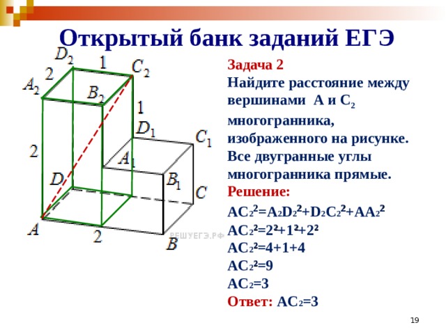 Открытый банк заданий ЕГЭ Задача 2 Найдите расстояние между вершинами А и С 2 многогранника, изображенного на рисунке. Все двугранные углы многогранника прямые. Решение: AC 2 2 =A 2 D 2 2 +D 2 C 2 2 +AA 2 2 AC 2 2 =2 2 +1 2 +2 2 AC 2 2 =4+1+4 AC 2 2 =9 AC 2 =3 Ответ: AC 2 =3               19