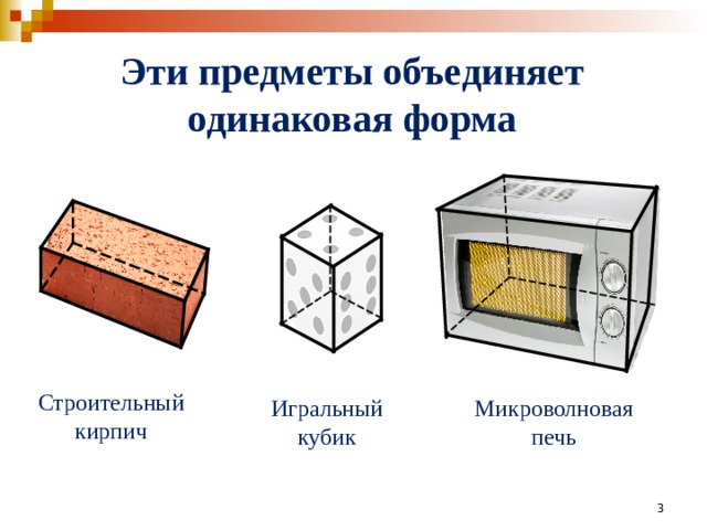 Эти предметы объединяет одинаковая форма Строительный кирпич Микроволновая печь Игральный кубик