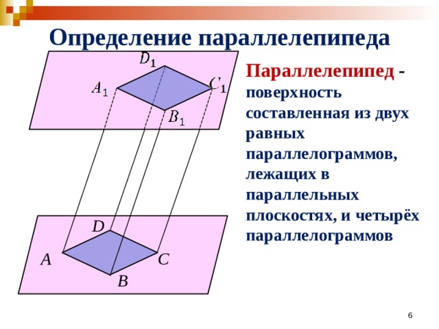 Определение параллелепипеда Параллелепипед - поверхность составленная из двух равных параллелограммов, лежащих в параллельных плоскостях, и четырёх параллелограммов  D А С В 6