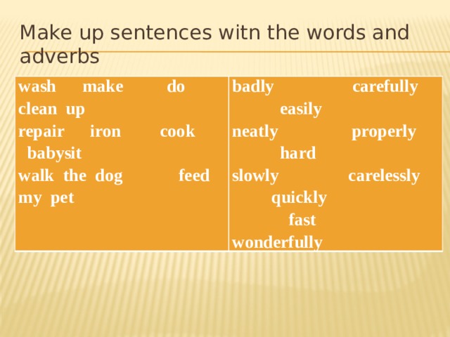 Make up sentences witn the words and adverbs wash make do clean up repair iron cook babysit badly carefully easily neatly properly hard walk the dog feed my pet slowly carelessly quickly  fast wonderfully 