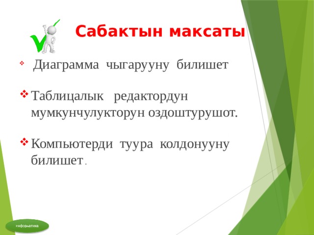 Сабактын максаты  Диаграмма чыгарууну билишет Таблицалык редактордун мумкунчулукторун оздоштурушот. Компьютерди туура колдонууну билишет . 