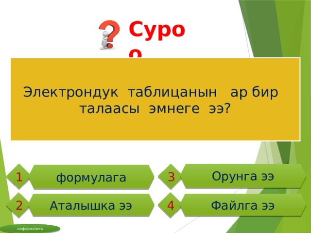 Суроо Электрондук таблицанын ар бир талаасы эмнеге ээ? 1 3 Орунга ээ формулага 4 2 Файлга ээ Аталышка ээ информатика 