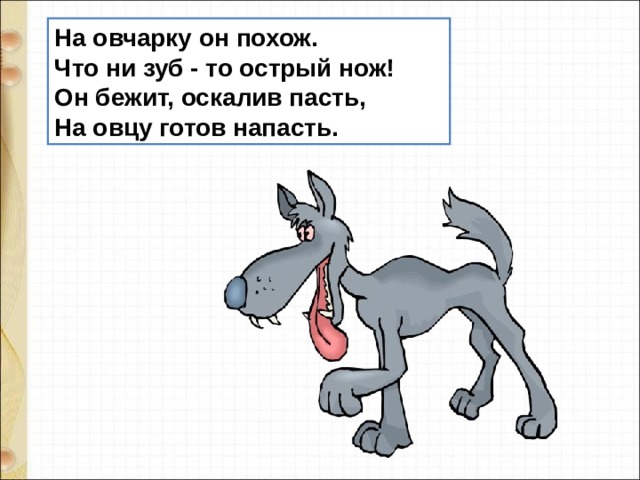 На овчарку он похож. Что ни зуб - то острый нож! Он бежит, оскалив пасть,  На овцу готов напасть.  