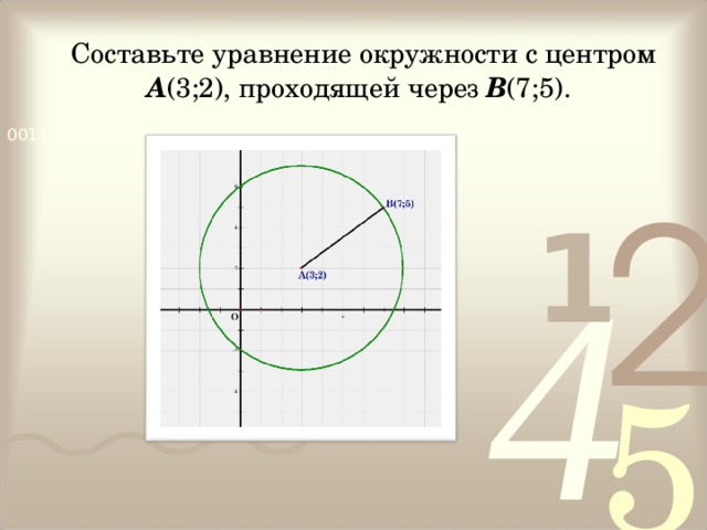  Составьте уравнение окружности с центром А (3;2), проходящей через В (7;5). 
