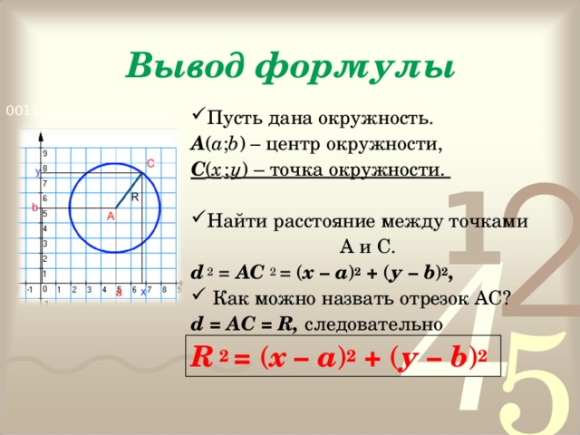 Вывод формулы Пусть дана окружность. А ( а ; b ) – центр окружности, С ( х  ;  у ) – точка окружности.  Найти расстояние между точками А и С. d  2 = АС 2  = ( х – а ) 2  + ( у –  b ) 2 ,  Как можно назвать отрезок АС? d = АС = R ,  следовательно R  2  = ( х – а ) 2  + ( у –  b ) 2  