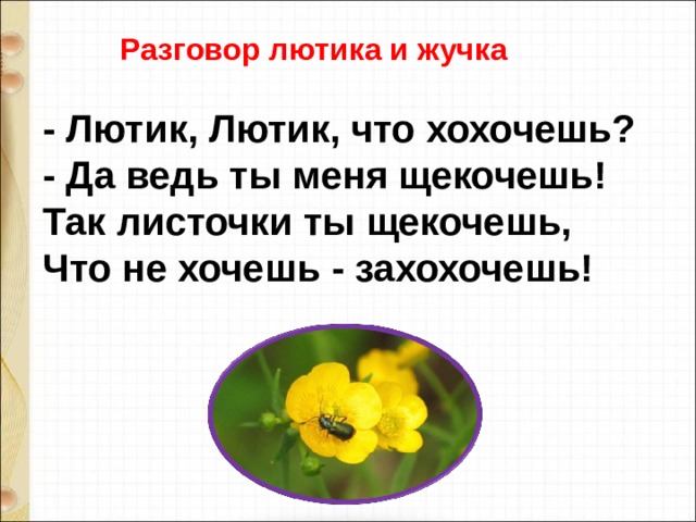  Разговор лютика и жучка     - Лютик, Лютик, что хохочешь?   - Да ведь ты меня щекочешь!   Так листочки ты щекочешь,   Что не хочешь - захохочешь! 