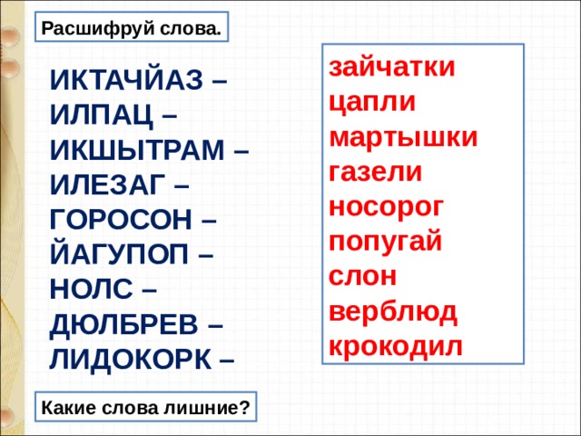 Расшифруй слова. зайчатки  цапли  мартышки  газели носорог  попугай  слон  верблюд  крокодил ИКТАЧЙАЗ –  ИЛПАЦ –  ИКШЫТРАМ –  ИЛЕЗАГ –  ГОРОСОН –  ЙАГУПОП –  НОЛС –  ДЮЛБРЕВ –  ЛИДОКОРК – Какие слова лишние? 