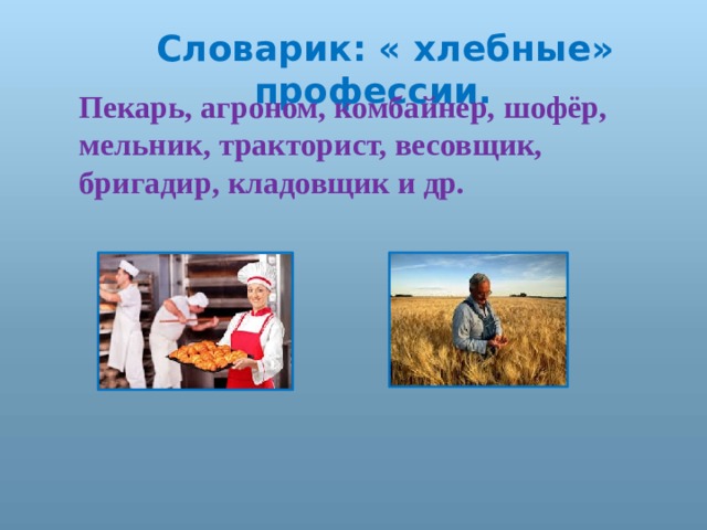  Словарик: « хлебные» профессии. Пекарь, агроном, комбайнер, шофёр, мельник, тракторист, весовщик, бригадир, кладовщик и др. 