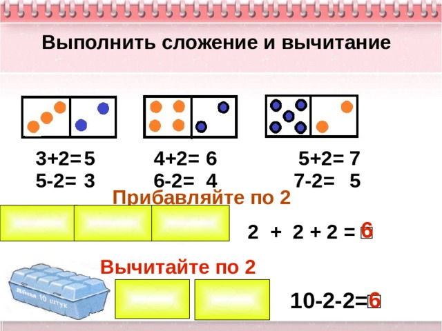 Выполнить сложение и вычитание 3+2= 4+2= 5+2= 5-2= 6-2= 7-2= 5 6 7 3 4 5 Прибавляйте по 2 6 2 + 2 + 2 = □ Вычитайте по 2 6 10-2-2= □ 7 