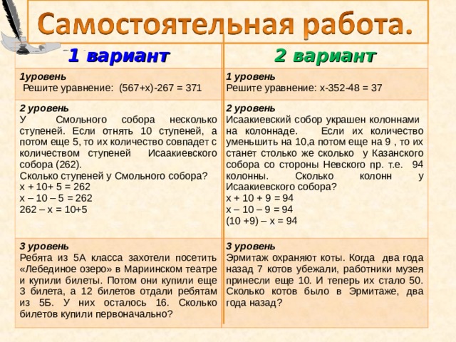 1 вариант 2 вариант 1уровень  Решите уравнение: (567+х)-267 = 371 1 уровень Решите уравнение: х-352-48 = 37 2 уровень У Смольного собора несколько ступеней. Если отнять 10 ступеней, а потом еще 5, то их количество совпадет с количеством ступеней Исаакиевского собора (262). Сколько ступеней у C мольного собора? х + 10+ 5 = 262 х – 10 – 5 = 262 262 – х = 10+5 2 уровень Исаакиевский собор украшен колоннами на колоннаде. Если их количество уменьшить на 10,а потом еще на 9 , то их станет столько же сколько у Казанского собора со стороны Невского пр. т.е. 94 колонны. Сколько колонн у Исаакиевского собора? х + 10 + 9 = 94 х – 10 – 9 = 94 (10 +9) – х = 94 3 уровень Ребята из 5А класса захотели посетить «Лебединое озеро» в Мариинском театре и купили билеты. Потом они купили еще 3 билета, а 12 билетов отдали ребятам из 5Б. У них осталось 16. Сколько билетов купили первоначально? 3 уровень Эрмитаж охраняют коты. Когда два года назад 7 котов убежали, работники музея принесли еще 10. И теперь их стало 50. Сколько котов было в Эрмитаже, два года назад?  
