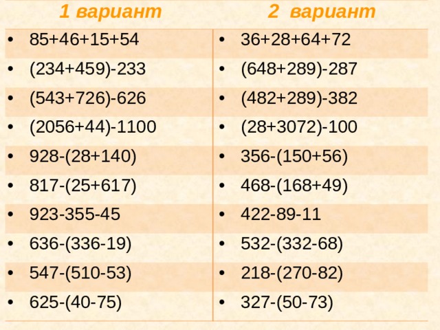 1 вариант 2 вариант 85+46+15+54 36+28+64+72 (234+459)-233 (648+289)-287 (543+726)-626 (482+289)-382 (2056+44)-1100 (28+3072)-100 928-(28+140) 817-(25+617) 356-(150+56) 468-(168+49) 923-355-45 636-(336-19) 422-89-11 547-(510-53) 532-(332-68) 625-(40-75) 218-(270-82) 327-(50-73) 