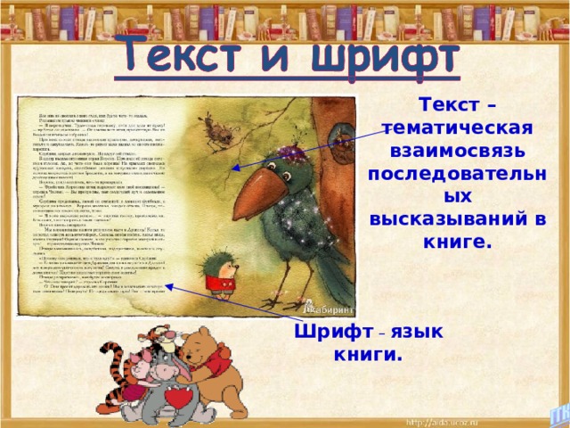 Текст – тематическая взаимосвязь последовательных высказываний в книге.  Шрифт – язык книги. 