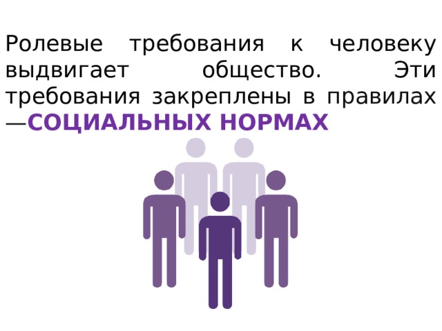 Ролевые требования к человеку выдвигает общество. Эти требования закреплены в правилах — СОЦИАЛЬНЫХ НОРМАХ 