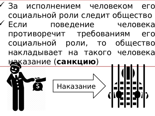 За исполнением человеком его социальной роли следит общество Если поведение человека противоречит требованиям его социальной роли, то общество накладывает на такого человека наказание ( санкцию ) Наказание 