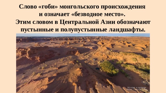Слово «гоби» монгольского происхождения  и означает «безводное место».  Этим словом в Центральной Азии обозначают пустынные и полупустынные ландшафты. 