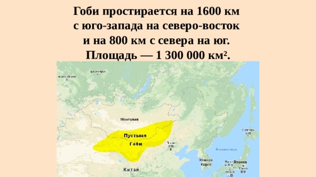 Гоби простирается на 1600 км  с юго-запада на северо-восток  и на 800 км с севера на юг.  Площадь — 1 300 000 км². 