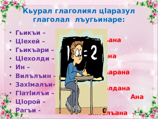 Кьурал глаголиял цIаразул глаголал лъугьинаре: Гьикъи – ЦIехей – Гьикъари – ЦIехолди – Ин – Вилълъин – ЗахIмалъи- ГIатIилъи – ЦIорой – Рагъи -  Гьикъана  ЦIехана  Гьикъарана  ЦIехолдана  Ана  Вилълъана  ЗахIмалъана  ГIатIилъана  ЦIорона  Рагъана 