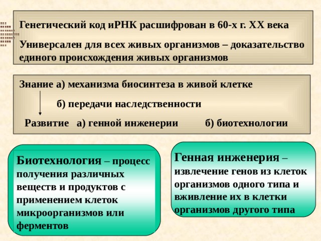 Генетический код иРНК расшифрован в 60-х г. XX века Универсален для всех живых организмов – доказательство единого происхождения живых организмов Знание а) механизма биосинтеза в живой клетке  б) передачи наследственности  Развитие а) генной инженерии б) биотехнологии Генная инженерия – извлечение генов из клеток организмов одного типа и вживление их в клетки организмов другого типа Биотехнология – процесс получения различных веществ и продуктов с применением клеток микроорганизмов или ферментов 