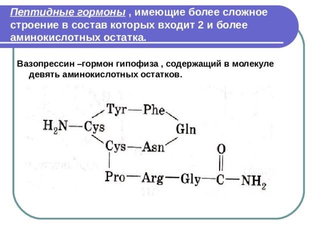 Пептидные гормоны , имеющие более сложное строение в состав которых входит 2 и более аминокислотных остатка. Вазопрессин –гормон гипофиза , содержащий в молекуле девять аминокислотных остатков.   